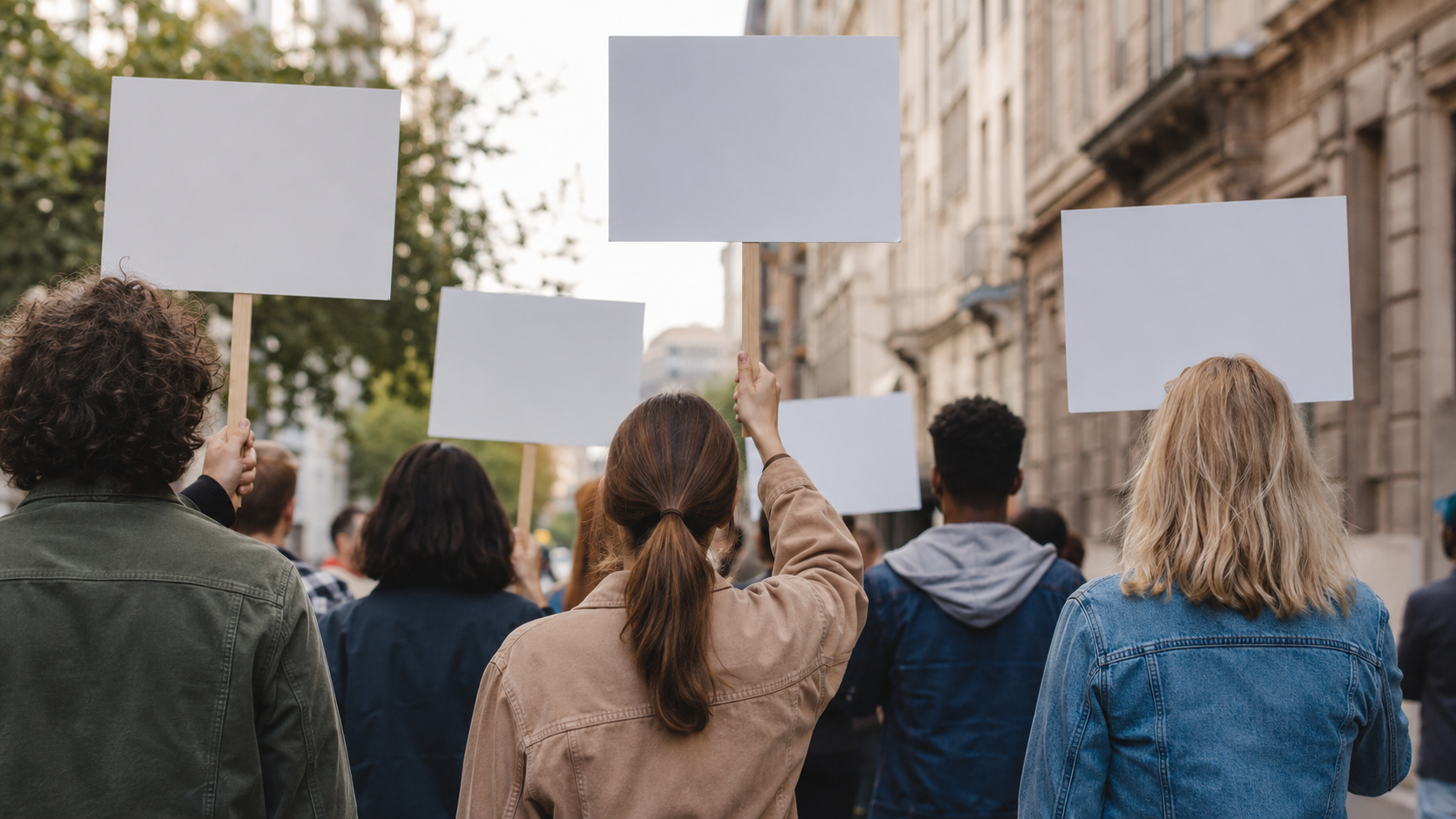 Petit rassemblement de comédiens vu de dos dans une rue, pancartes vierges