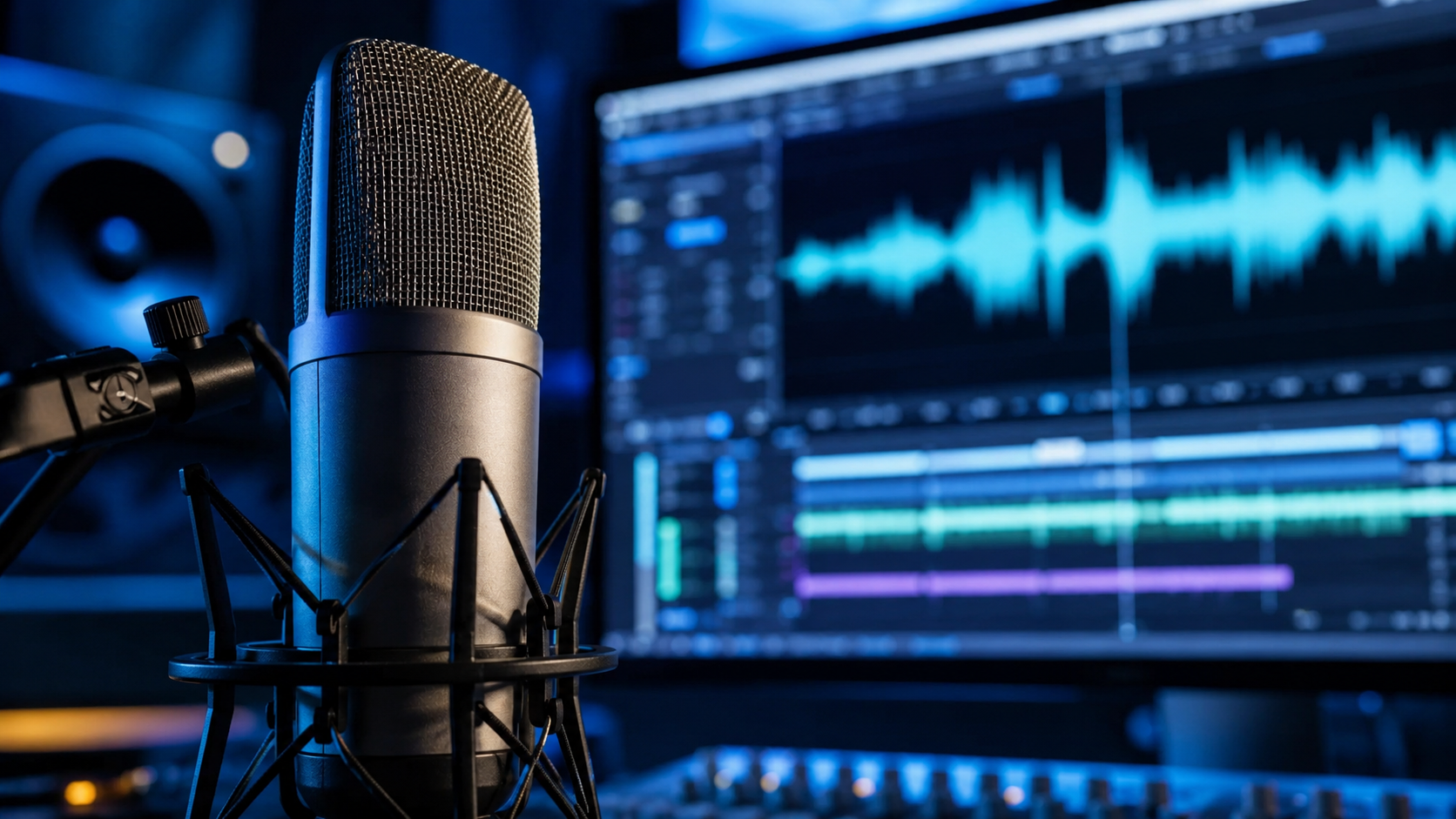 Forme d'onde sonore sur un ecran de studio a cote d'un microphone