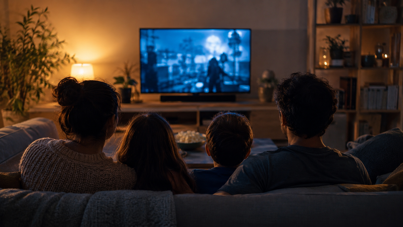 Famille de dos regardant une serie doublee a la television le soir