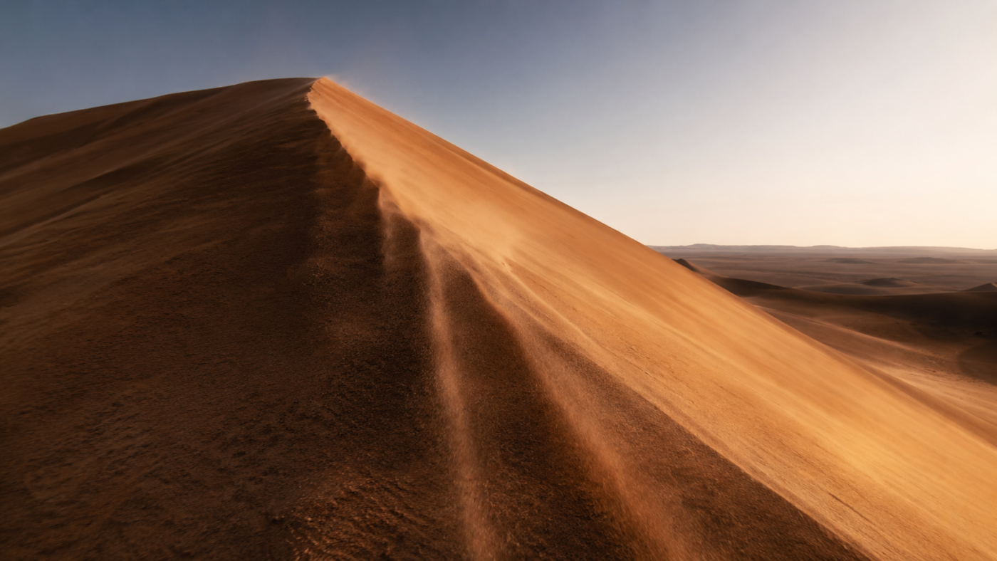 Filet de sable dévalant la face raide d'une grande dune du désert au coucher du soleil