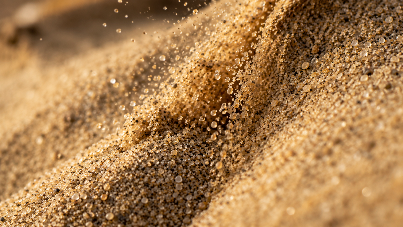 Gros plan de grains de sable secs en train de dévaler une pente de dune
