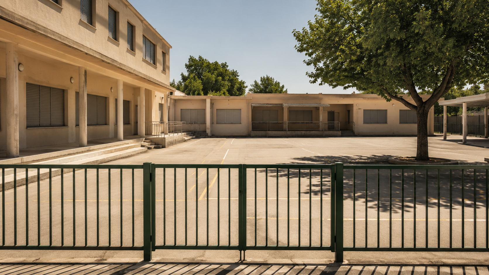 Une cour d'école primaire vide et fermée sous une forte chaleur d'été, stores baissés