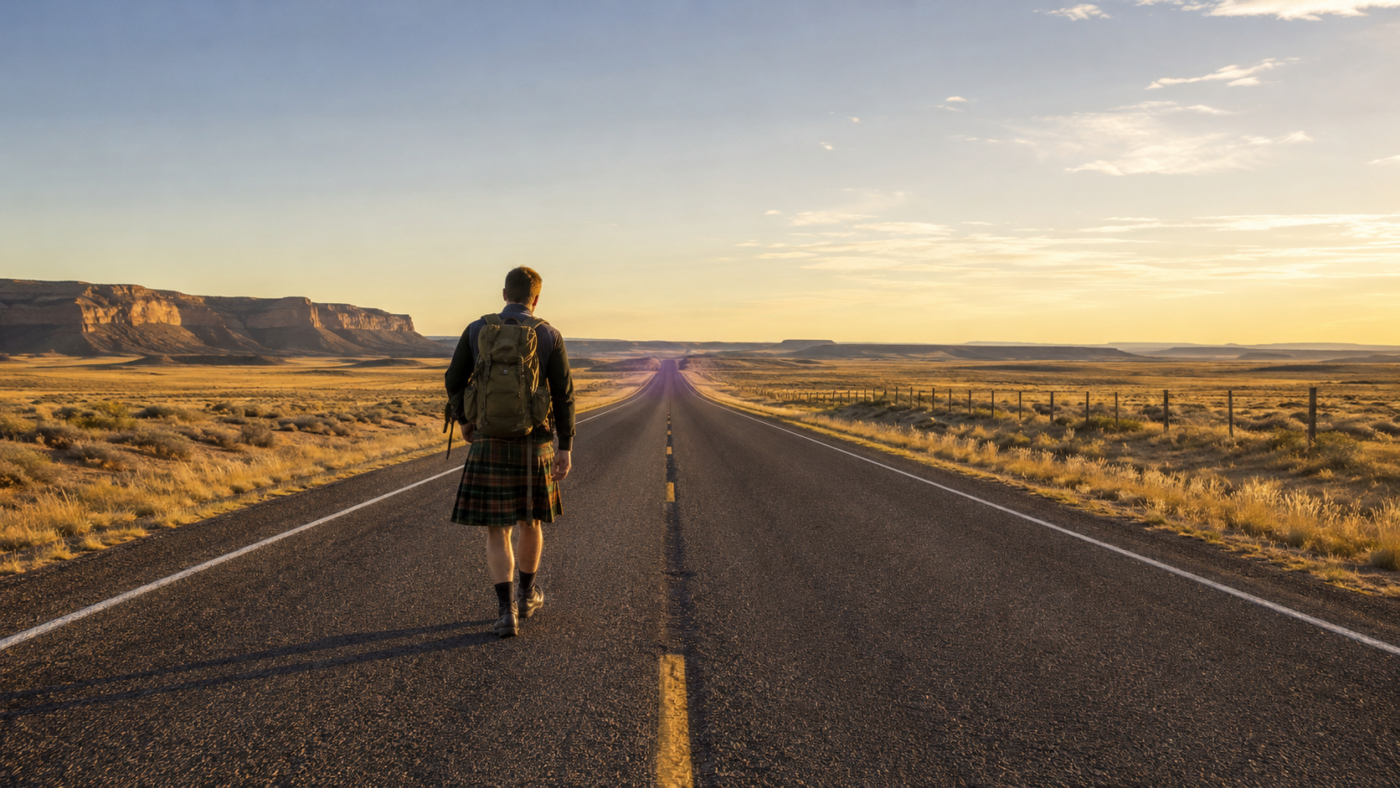 Un marcheur en kilt vu de dos sur une longue route américaine déserte au coucher du soleil