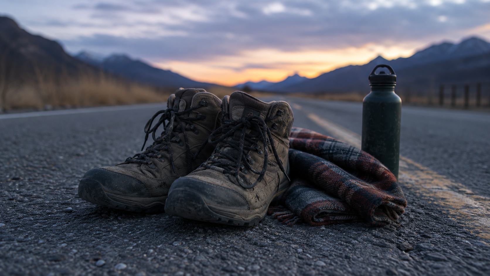 Chaussures de marche usées et tissu écossais posés sur une route déserte à l'aube