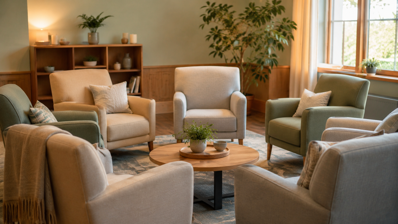 Une salle d'accueil communautaire vide avec des fauteuils disposés en cercle, lumière douce