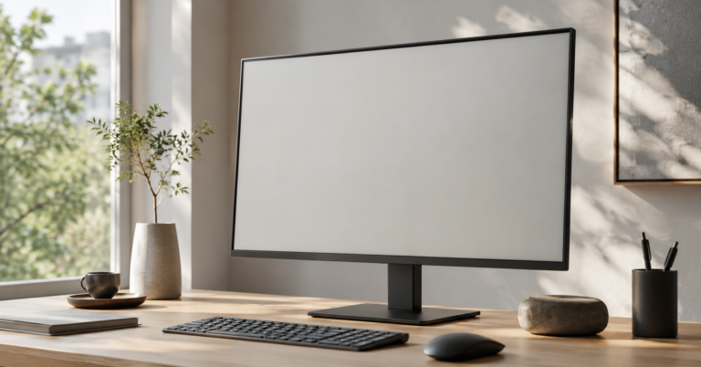 un moniteur fin à l'affichage mat type encre électronique, posé sur un bureau épuré près d'une fenêtre, lumière naturelle douce
