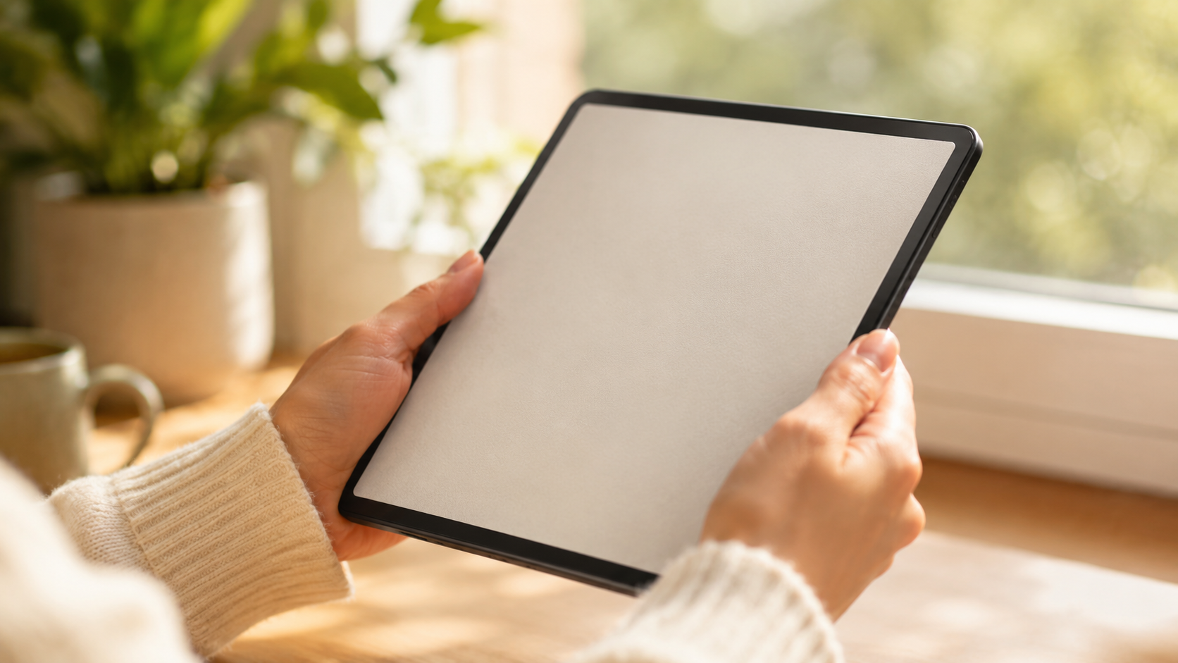 des mains tiennent une tablette à écran mat près d'une fenêtre ensoleillée, ambiance de lecture posée