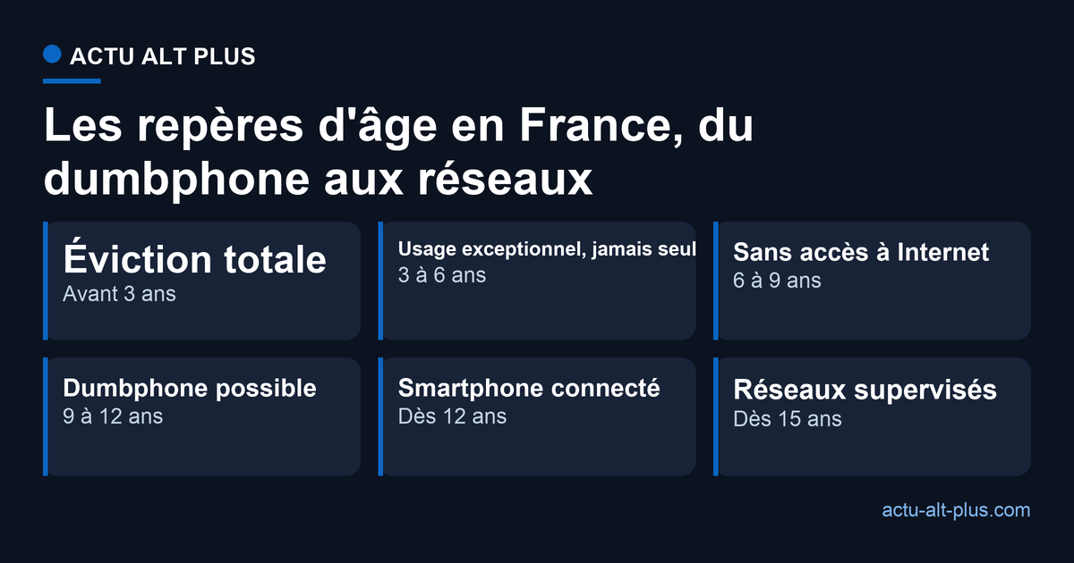 Repères d'âge recommandés en France pour l'accès aux écrans et aux réseaux, selon l'OFDT