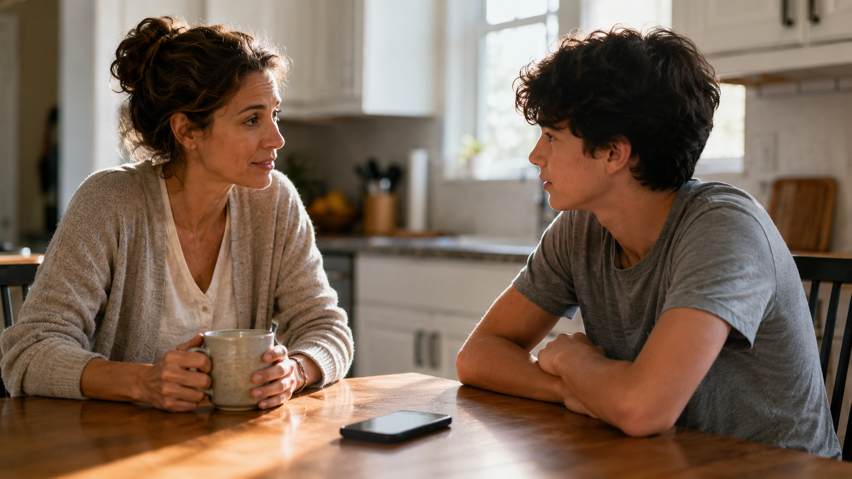 Un parent et un adolescent attables le matin, un telephone pose entre eux