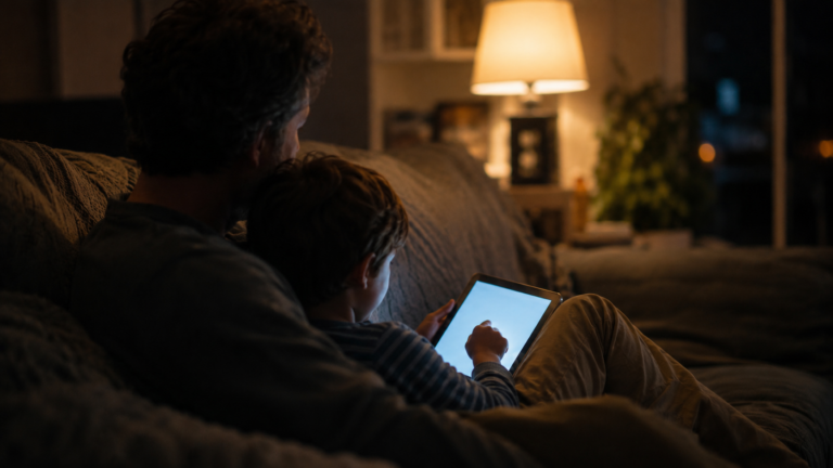 Un parent et un jeune enfant le soir sur un canapé, le visage éclairé par la lueur d'une tablette
