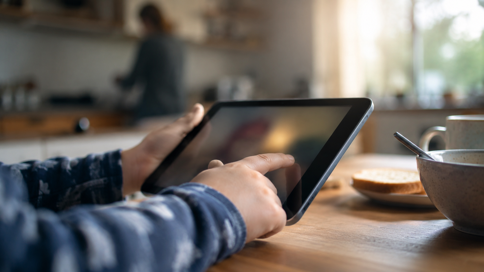 Mains d'un jeune enfant tenant une tablette à la table de cuisine, le matin