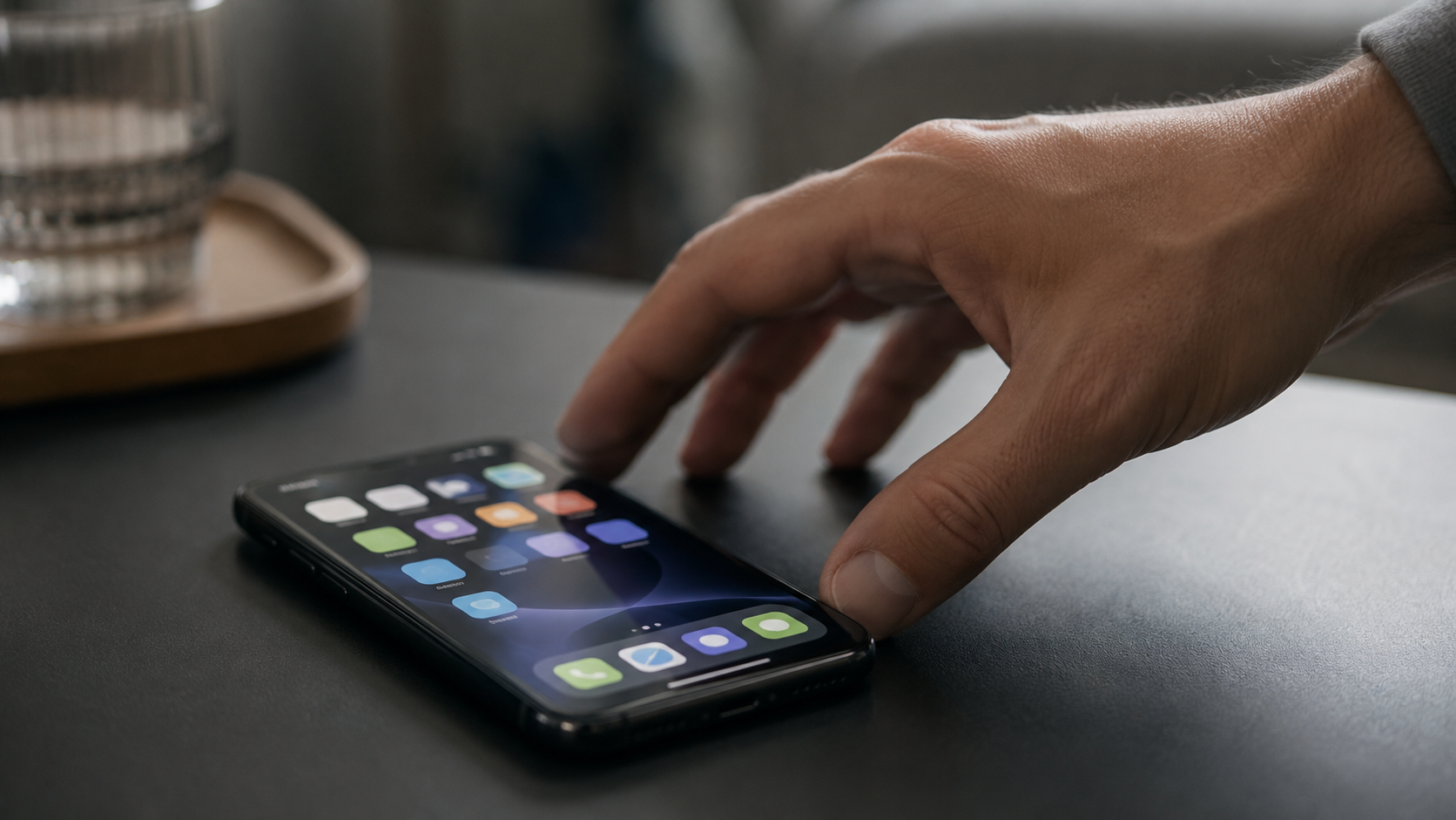 Un smartphone posé sur une table avec des icônes d'applications, une main d'adulte qui s'en approche
