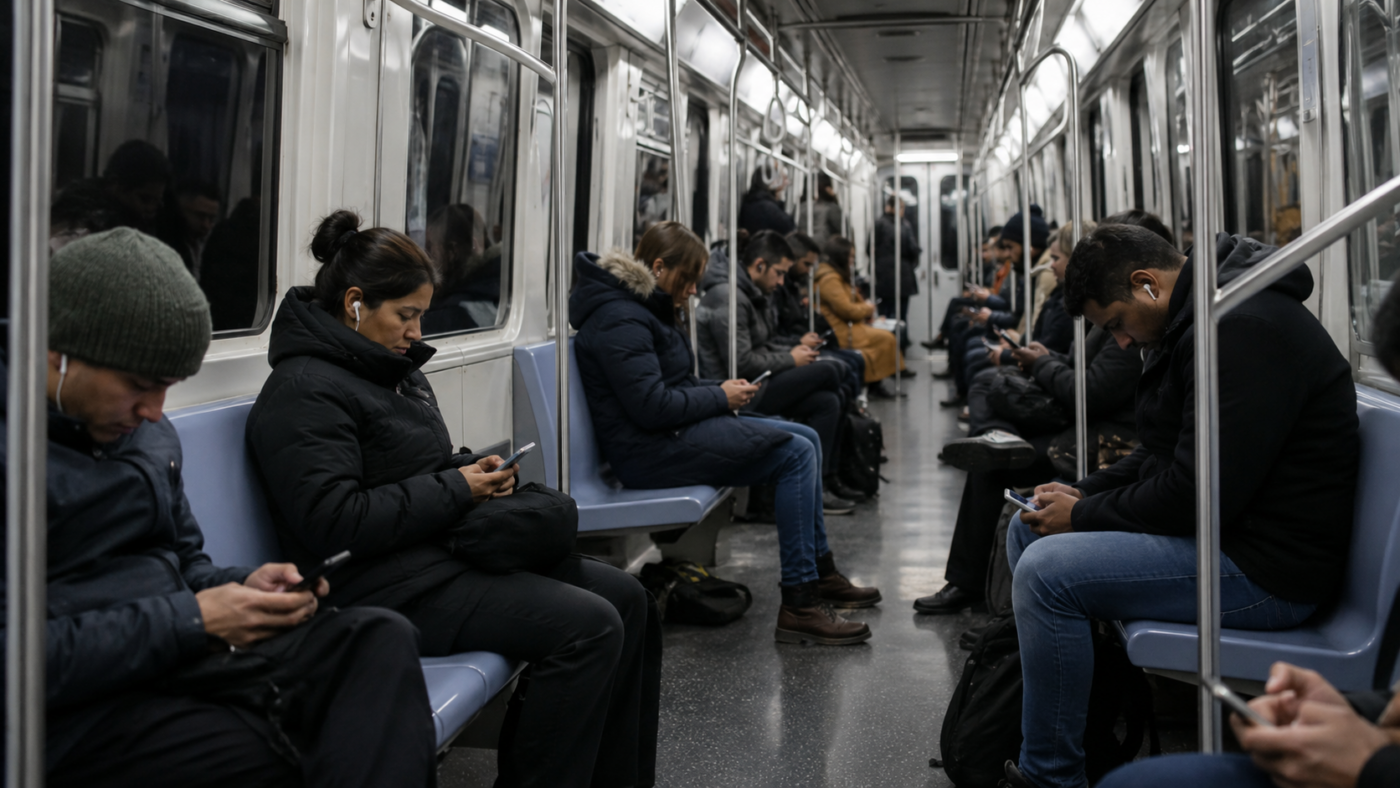 Une rame de métro où plusieurs voyageurs portent des écouteurs sans fil, le regard baissé sur leur téléphone