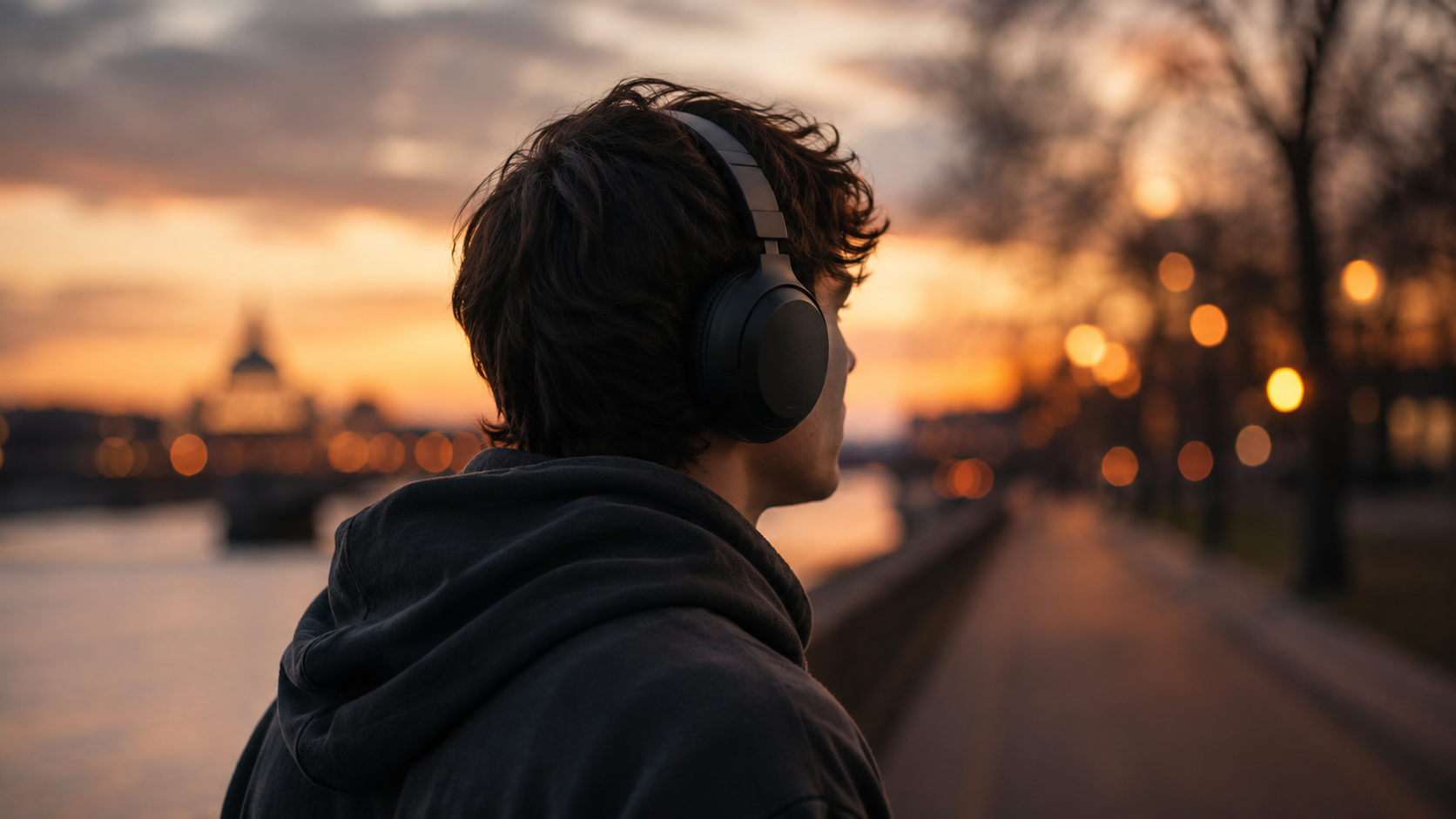 Une jeune personne marche au crépuscule, un casque audio sur les oreilles, absorbée dans son écoute