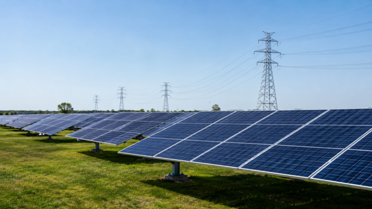 Champ de panneaux solaires sous un ciel clair de midi avec lignes a haute tension