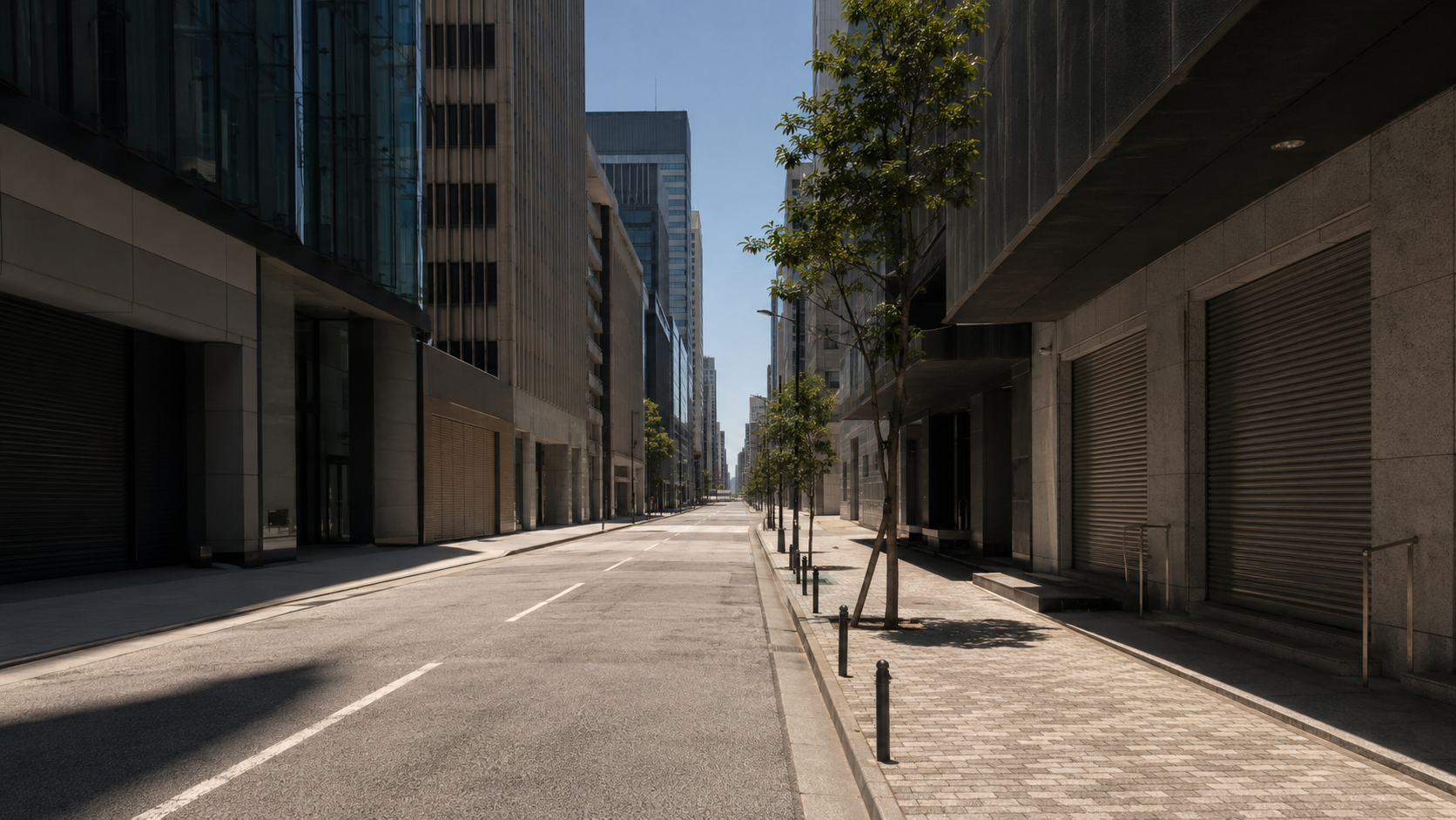 Rue de quartier d'affaires deserte un jour ferie ensoleille