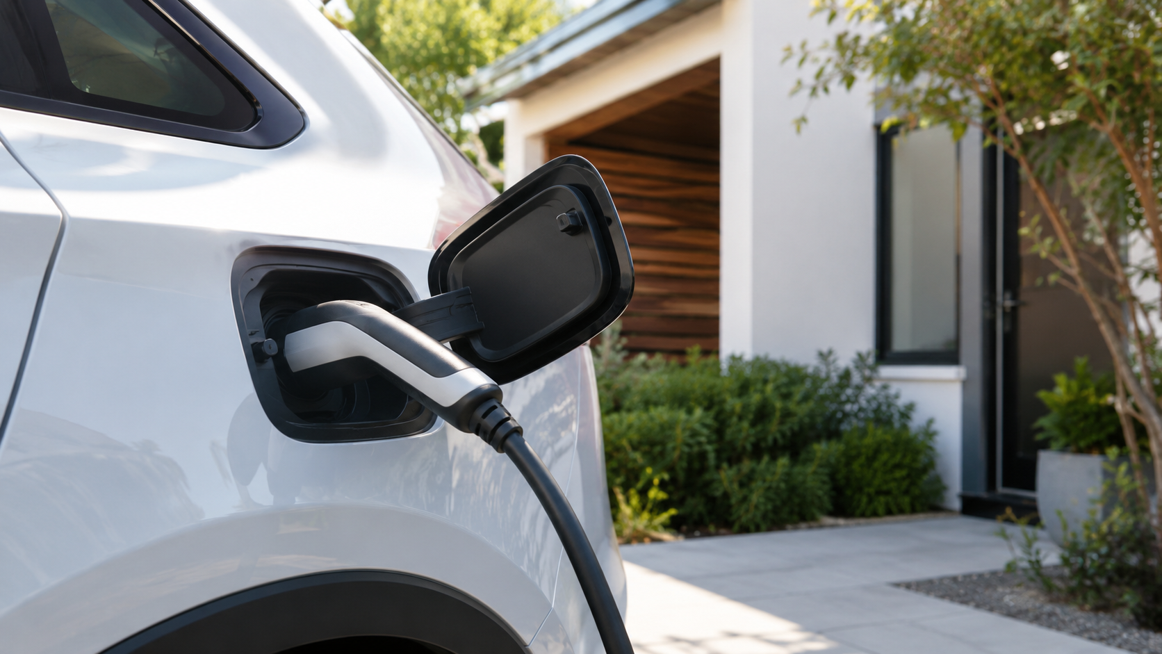 Voiture electrique en charge devant une maison en plein jour