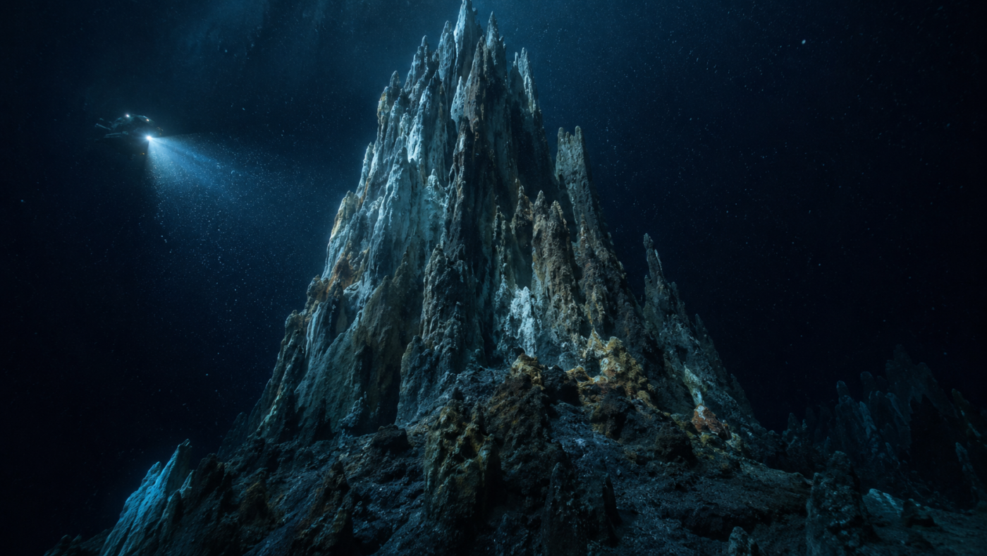 Imposant édifice de sulfure sombre dressé sur le fond marin, éclairé par les projecteurs d'un sous-marin dans l'obscurité abyssale