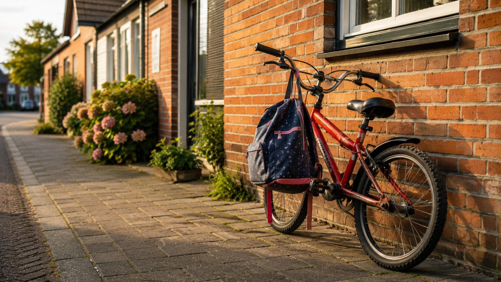Vélo d'enfant appuyé devant une maison de brique typique