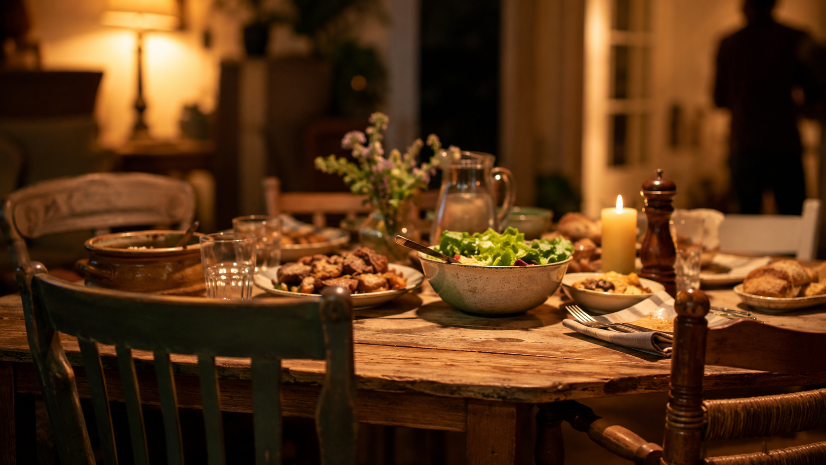 Table familiale du soir, plats simples, ambiance chaleureuse