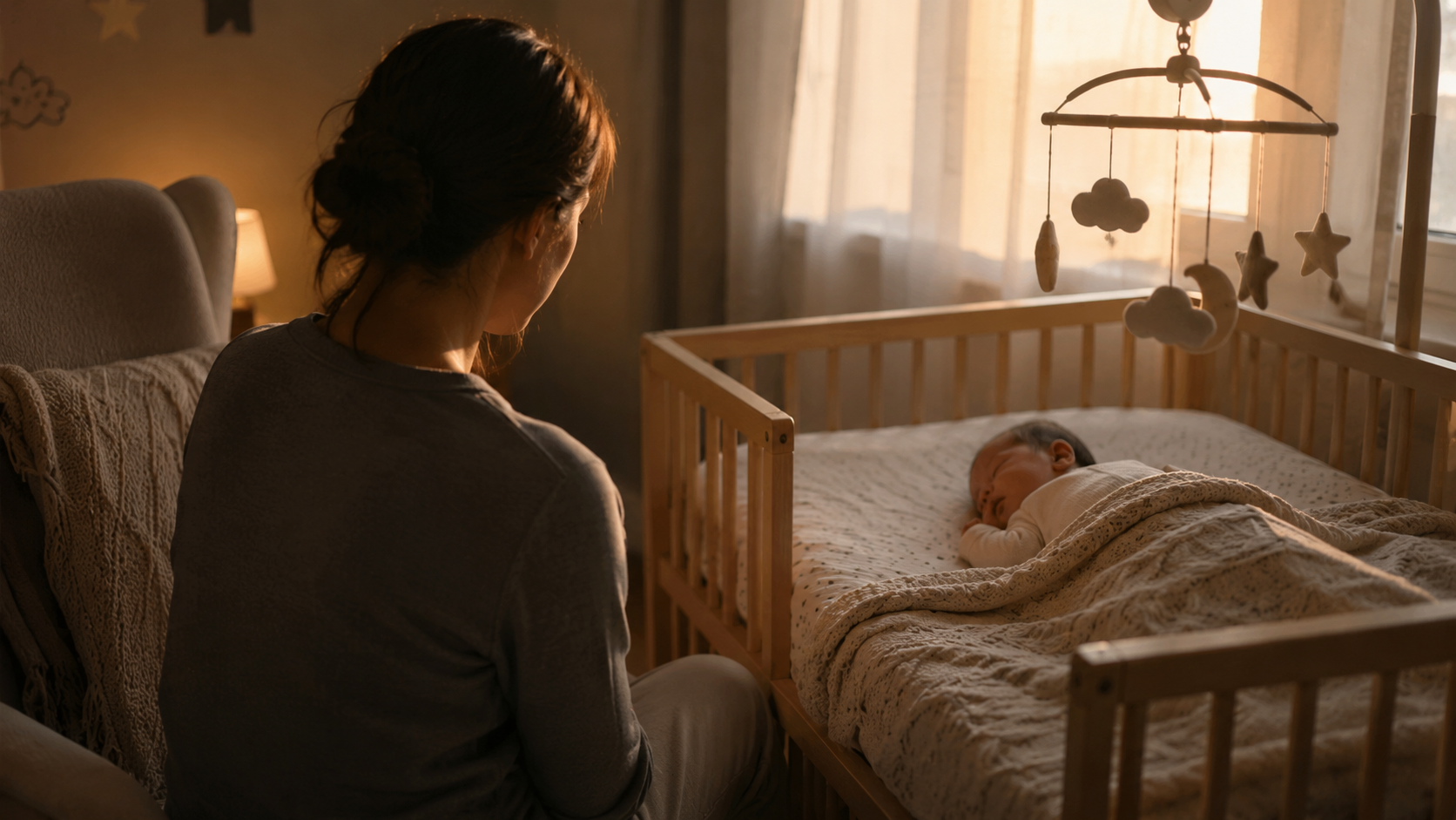 Un parent fatigué berçant son nouveau-né au petit matin
