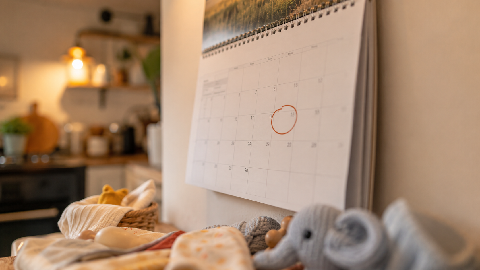 Un calendrier mural avec un rendez-vous entouré dans les semaines suivant une naissance