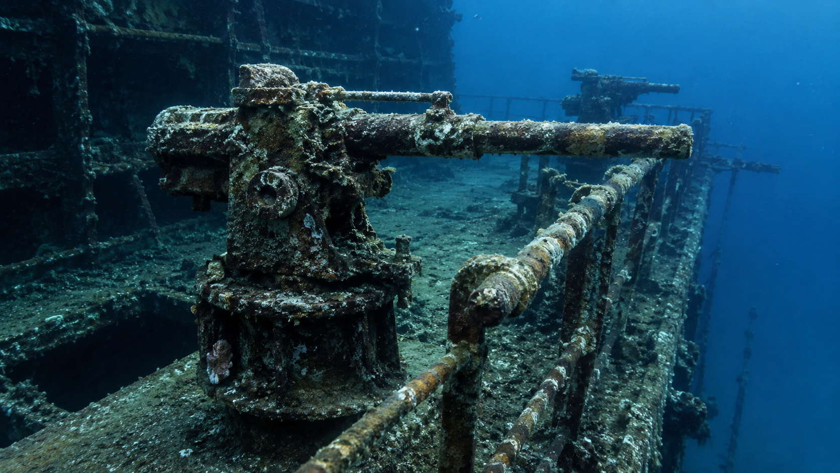 Rangée de pierriers (swivel guns) sur le bastingage d'une épave pirate de Nassau