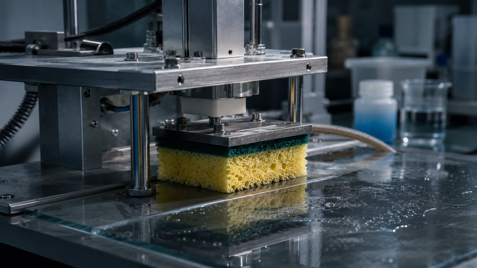 Un dispositif de laboratoire frotte une éponge pour mesurer sa perte de matière.