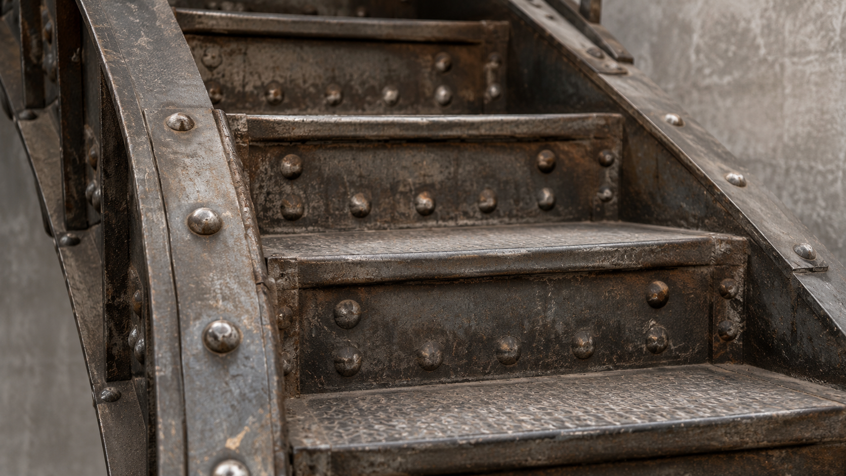 Detail des rivets et de la patine sur les marches en fer de l'escalier original de la Tour Eiffel
