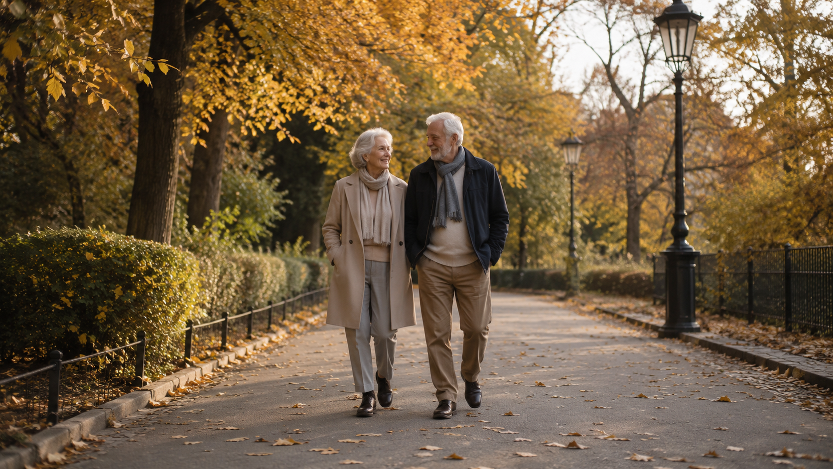 Un couple âgé marche lentement ensemble dans un parc en automne