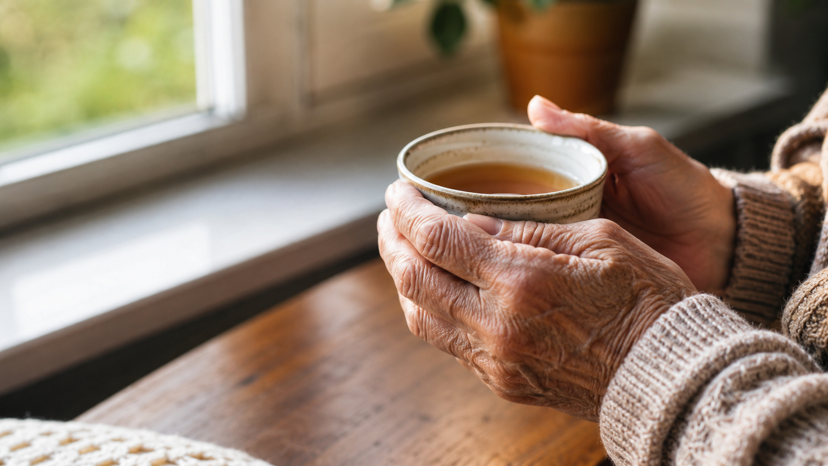 Les mains d'une personne âgée tenant une tasse de thé près d'une fenêtre