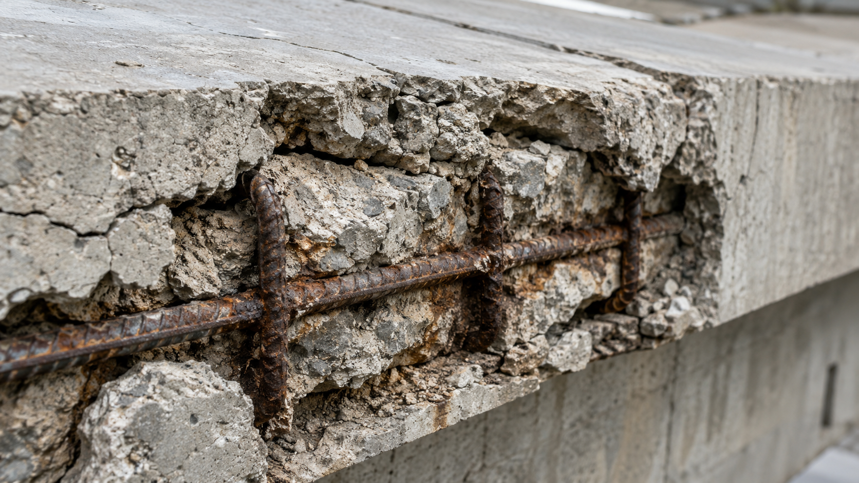béton armé d'un tablier de pont avec fers apparents et traces de rouille, fissures