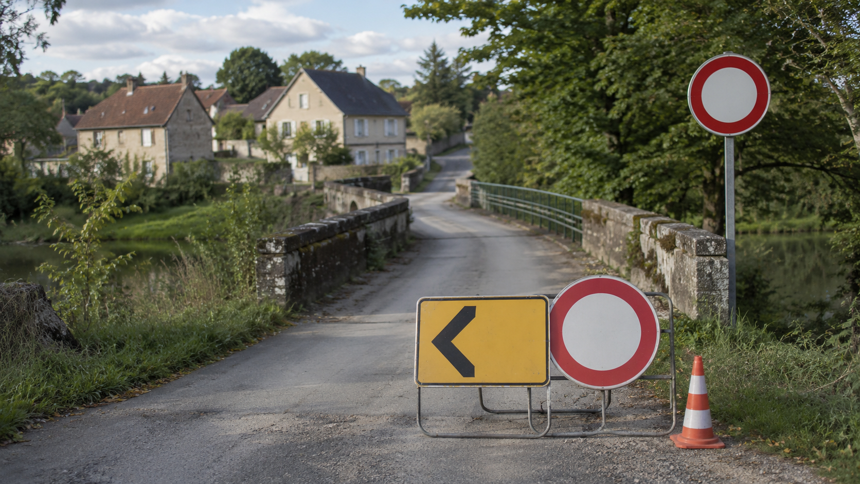 un panneau de limitation de tonnage et une déviation devant un pont rural étroit