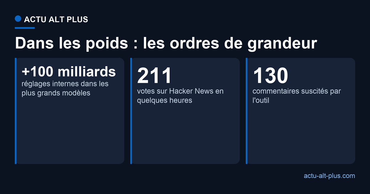 Trois repères chiffrés autour de l'outil « Are You in the Weights ? » : plus de 100 milliards de réglages internes dans les plus grands modèles, et une vive discussion en ligne avec 211 votes et 130 commentaires sur Hacker News.