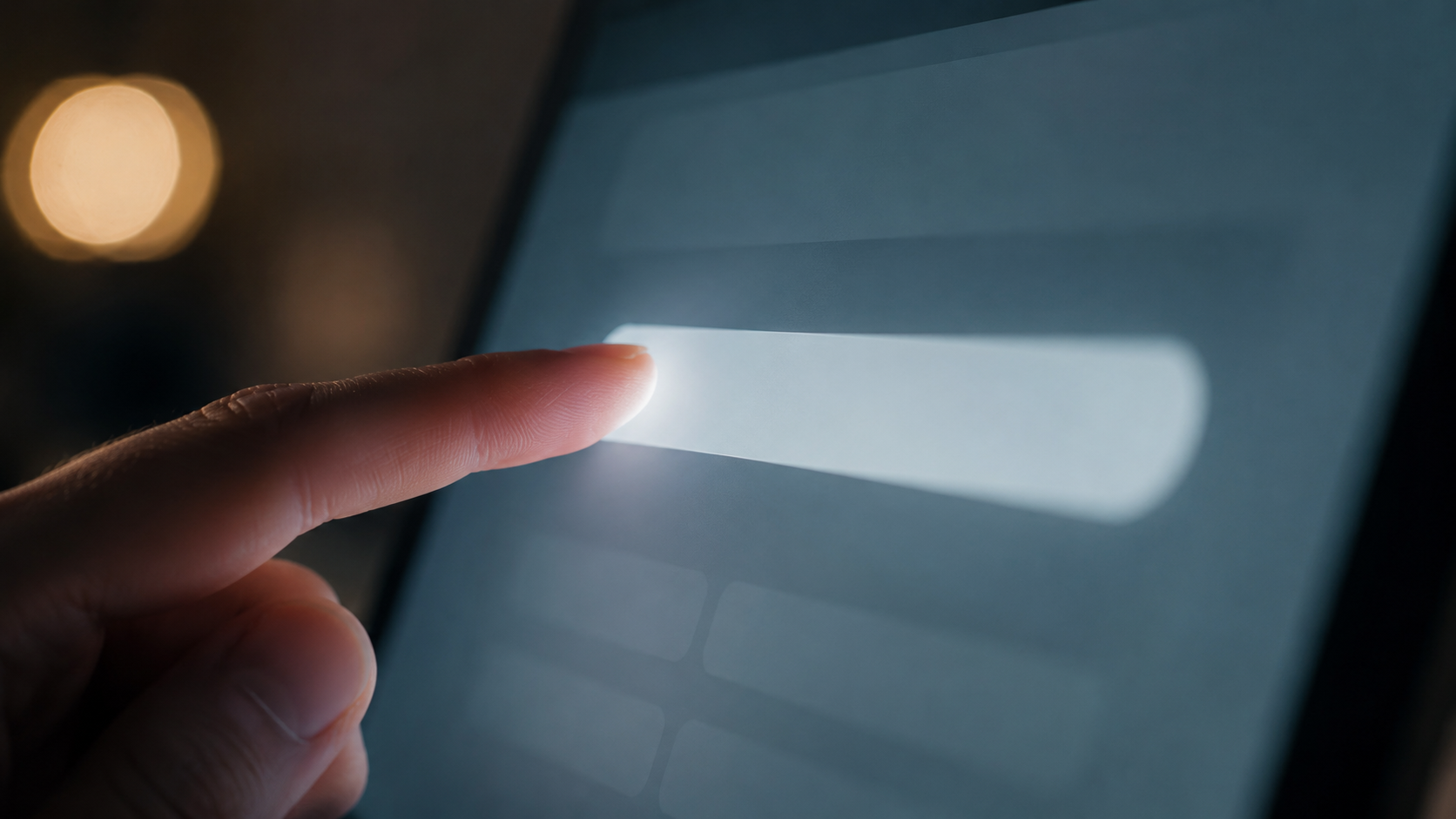 une main effleure un écran tactile affichant un champ de recherche vide, halo lumineux