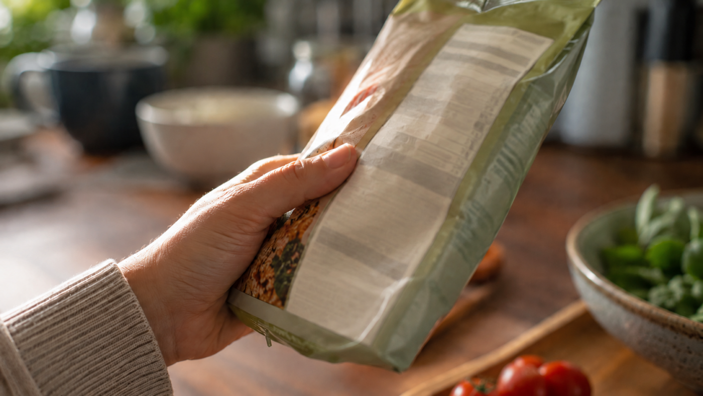 Une main retourne un emballage alimentaire pour lire le tableau nutritionnel dans une cuisine