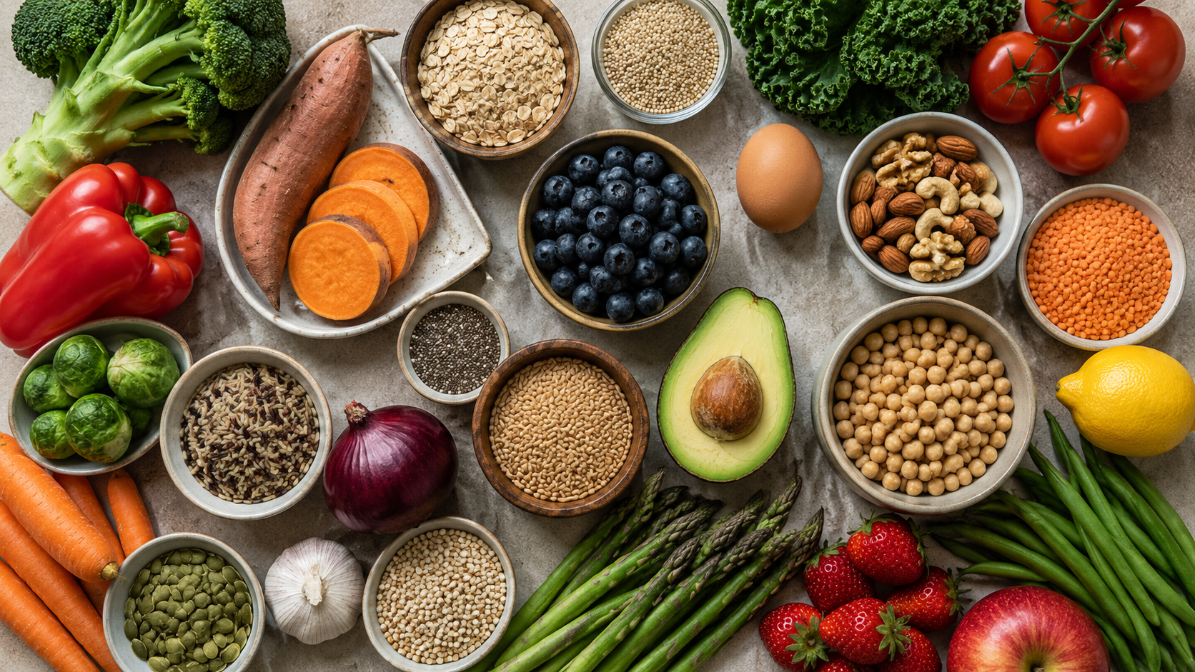 Composition vue de dessus d'aliments bruts variés, légumes, fruits, noix, céréales et un œuf
