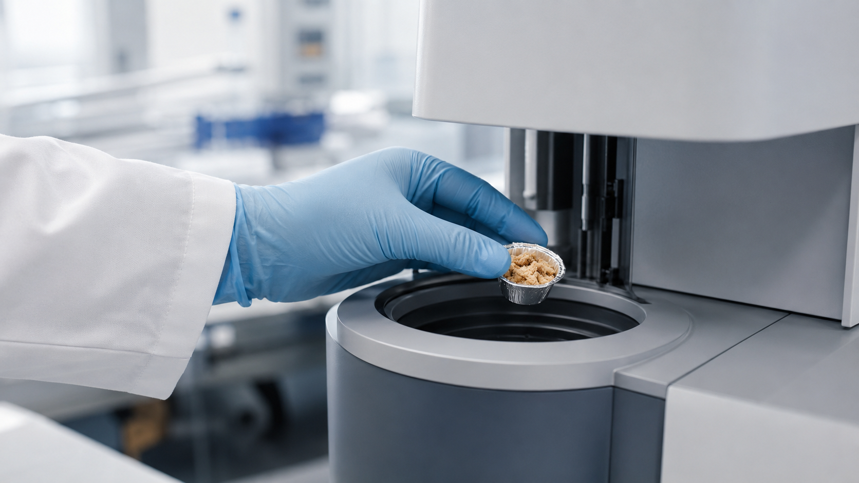 Une main gantée dépose un échantillon alimentaire dans un instrument d'analyse de laboratoire