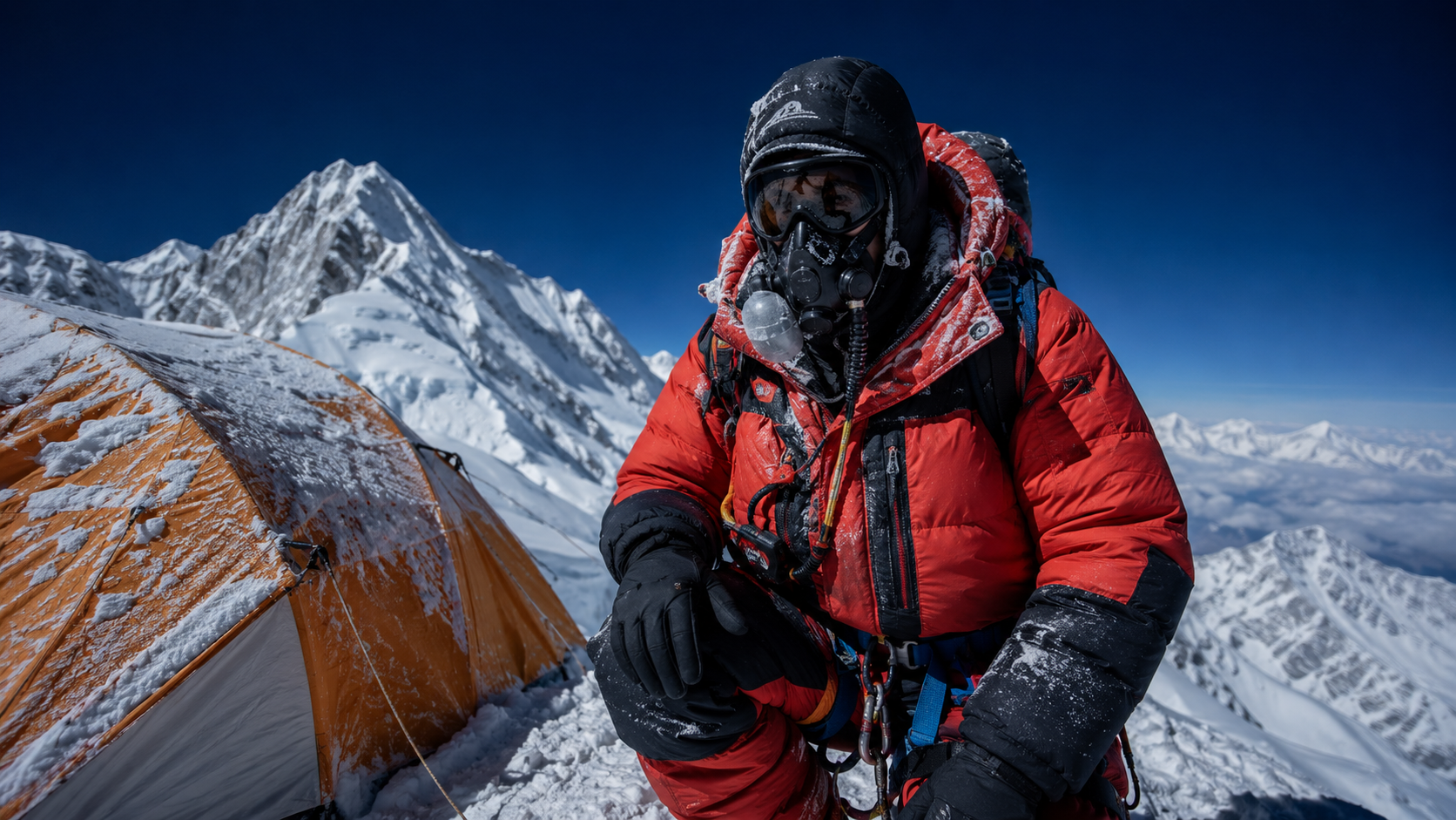 Alpiniste en equipement complet d'altitude dans un camp de haute montagne himalayenne