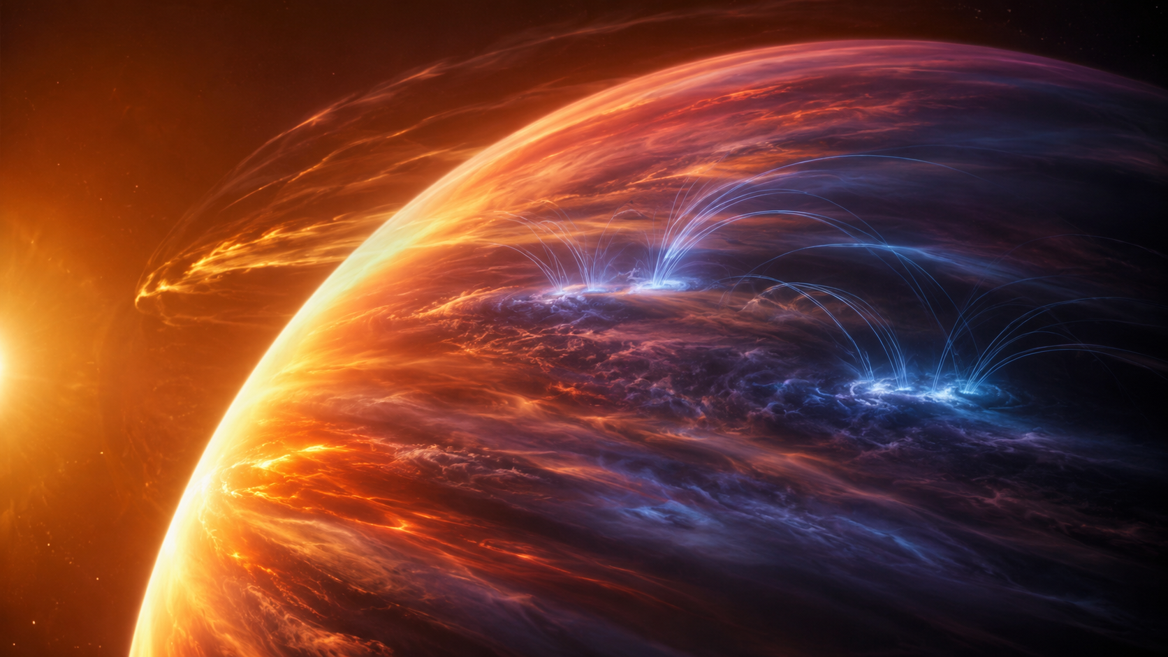 Rubans de vents lumineux courbés autour d'une exoplanète chaude