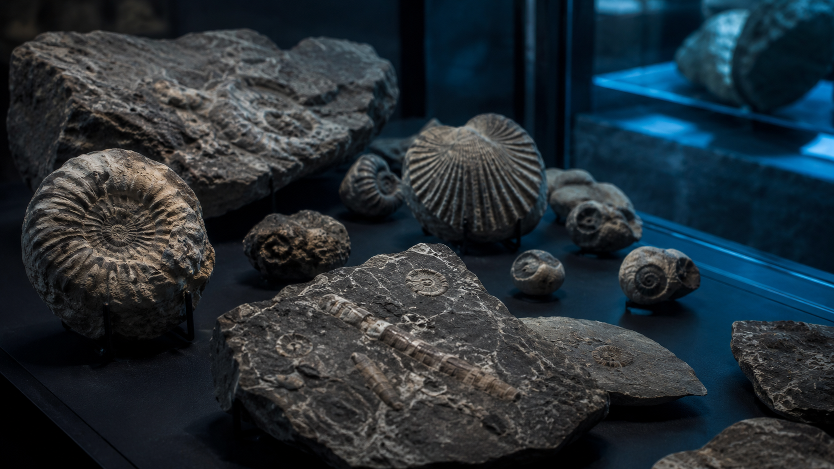 Fossiles marins dans une vitrine sombre, avec un reflet d’océan bleuté.