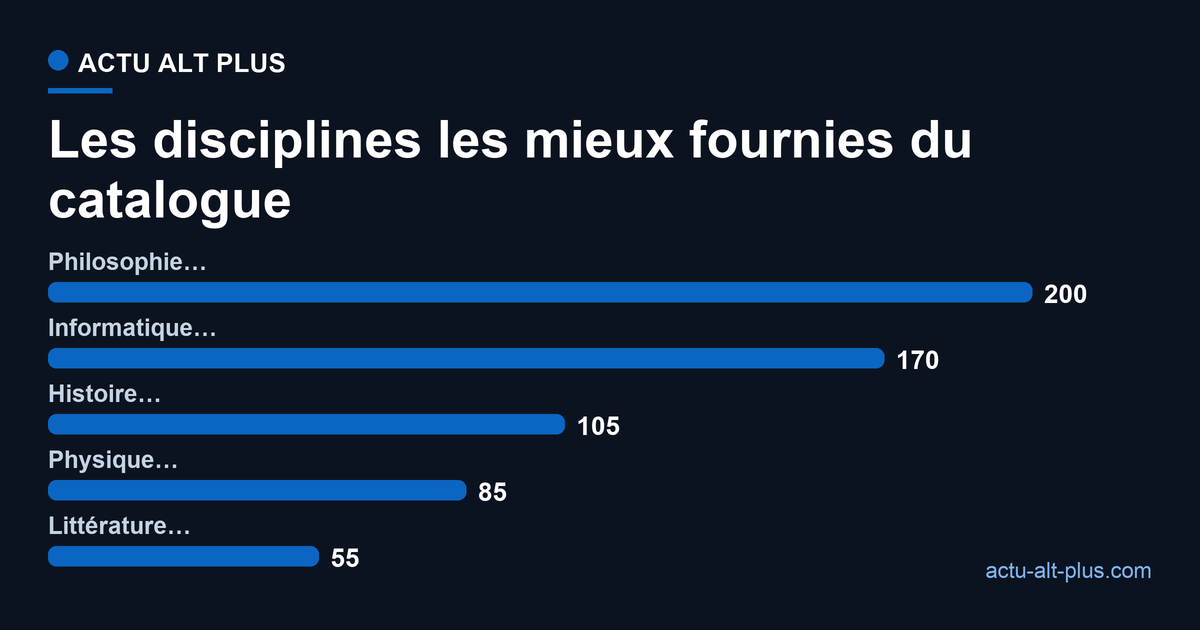 Parmi les 1 700 cours d'Open Culture : 200 en philosophie, 170 en informatique, 105 en histoire, 85 en physique, 55 en littérature