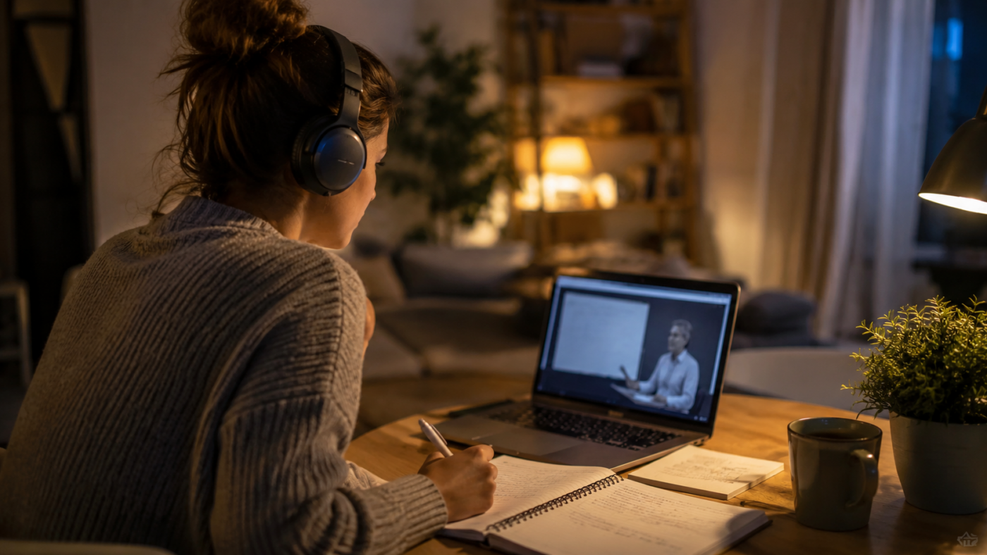 Une personne suit un cours d'université en ligne le soir, casque sur les oreilles, devant un ordinateur portable