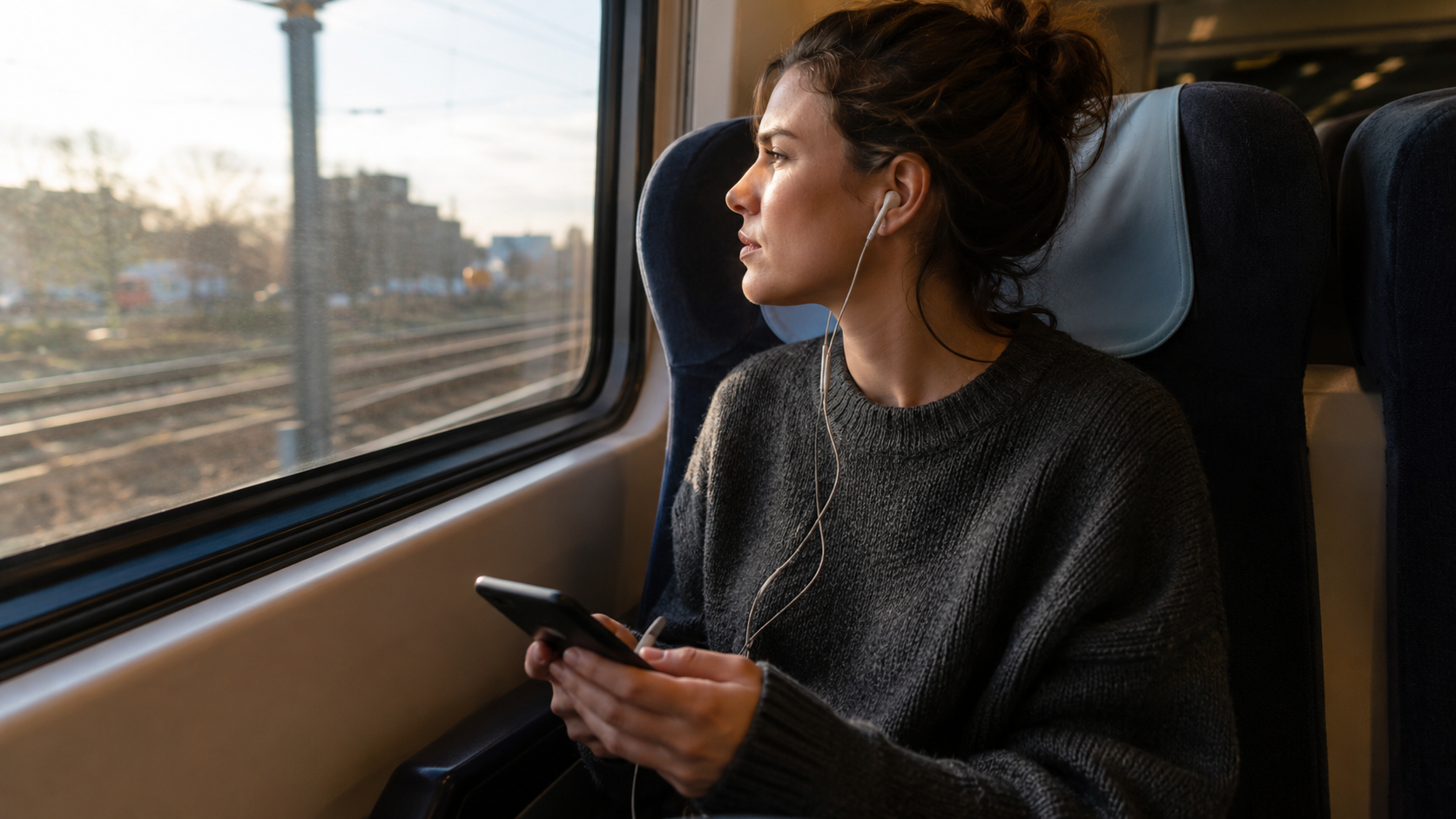 Une personne écoute un cours en audio sur son téléphone dans un train, écouteurs aux oreilles