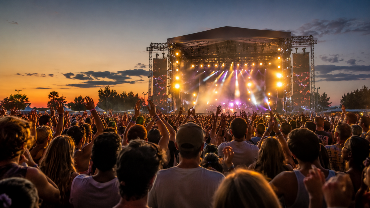 Une foule compacte de festivaliers vue de dos face à une scène éclairée en plein air au crépuscule
