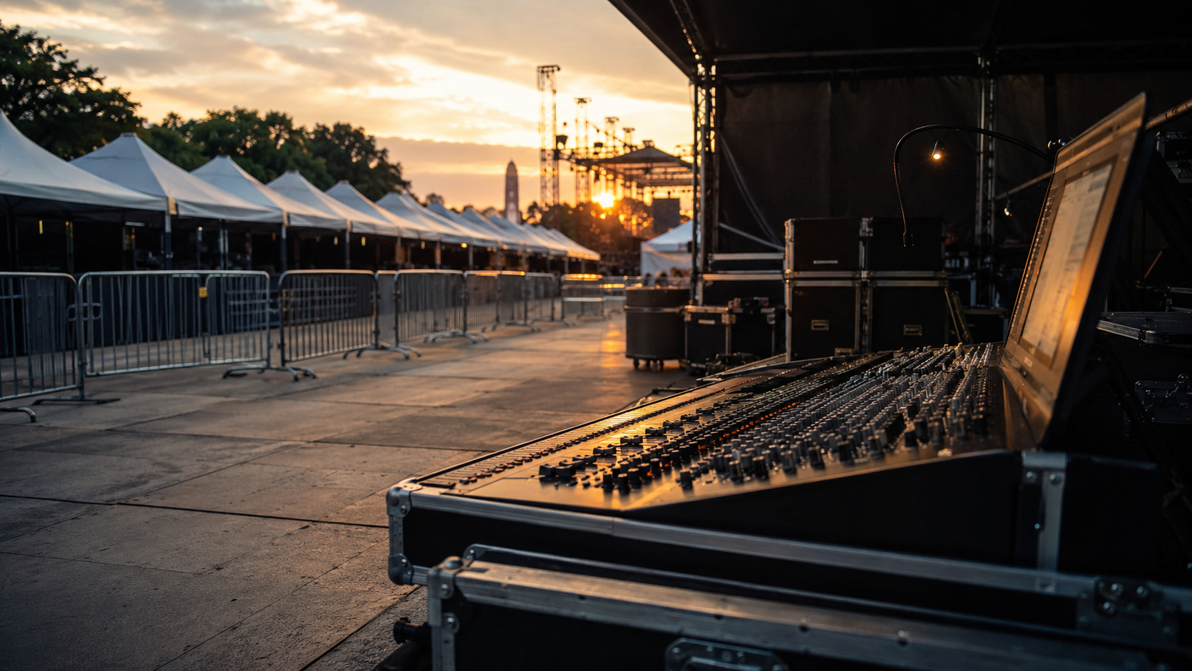 Les coulisses d'un festival en plein air, billetterie vide et barrières métalliques empilées près d'une console de mixage