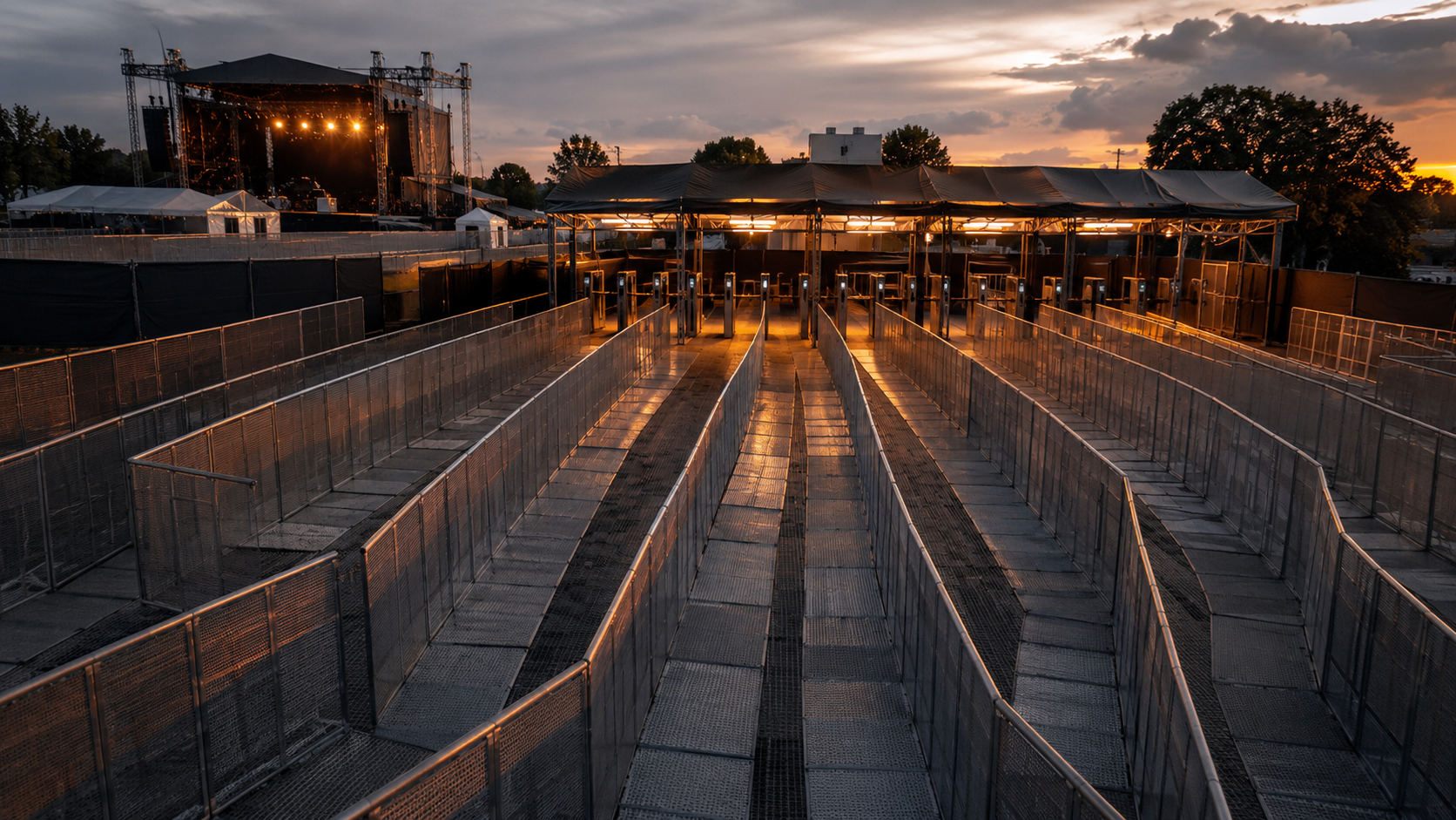 Un périmètre de sécurité de festival au crépuscule, barrières anti-foule et portique de contrôle sous des lumières de scène