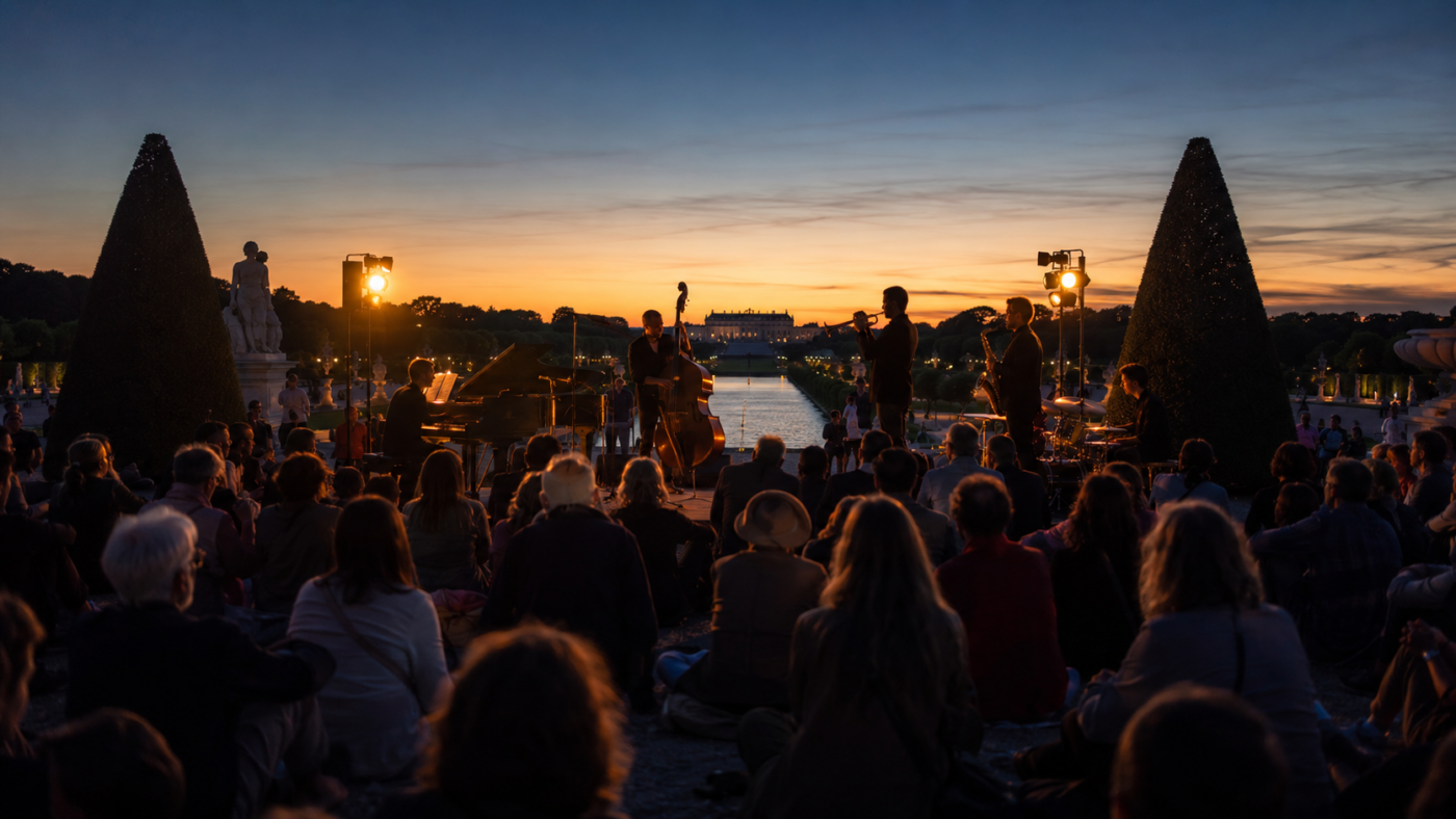 Concert de jazz en plein air dans un jardin a la francaise au crepuscule, public assis sur l'herbe