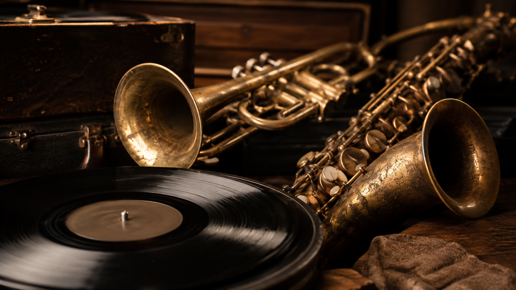 Nature morte d'une trompette et d'un saxophone tenor sur une table en bois sombre, ambiance annees 1950