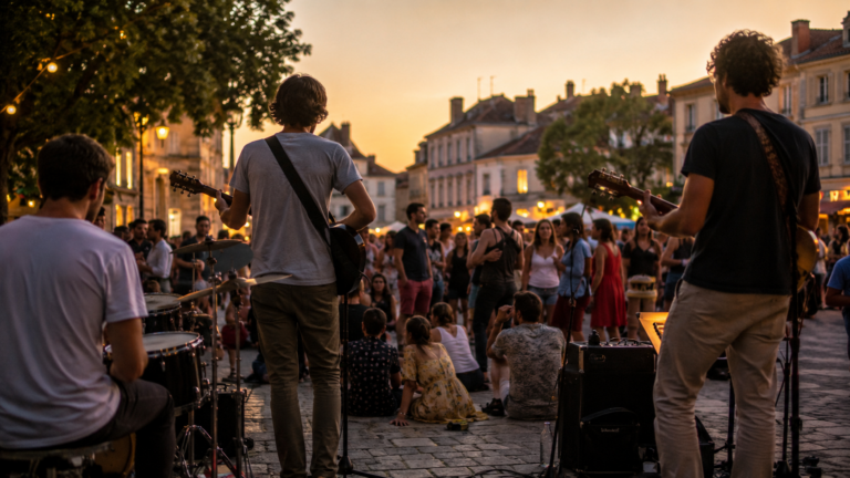 Musiciens amateurs jouant le soir sur une place francaise lors de la Fete de la musique